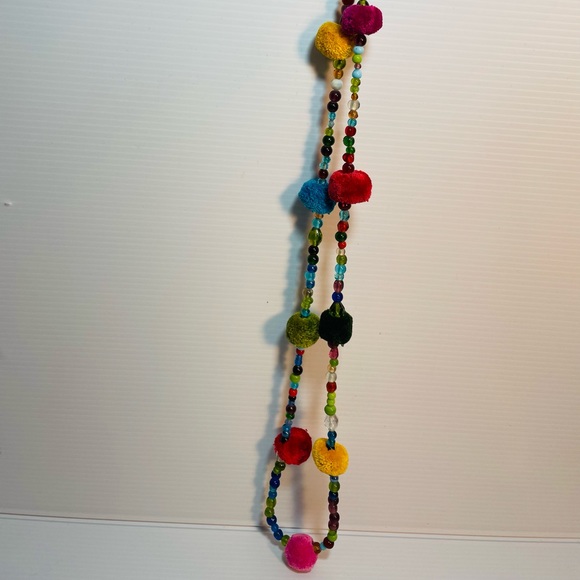 Pom Pom yarn & Bead Necklace, Multi Color, Bohemian, Festival, Art to wear - Picture 4 of 7